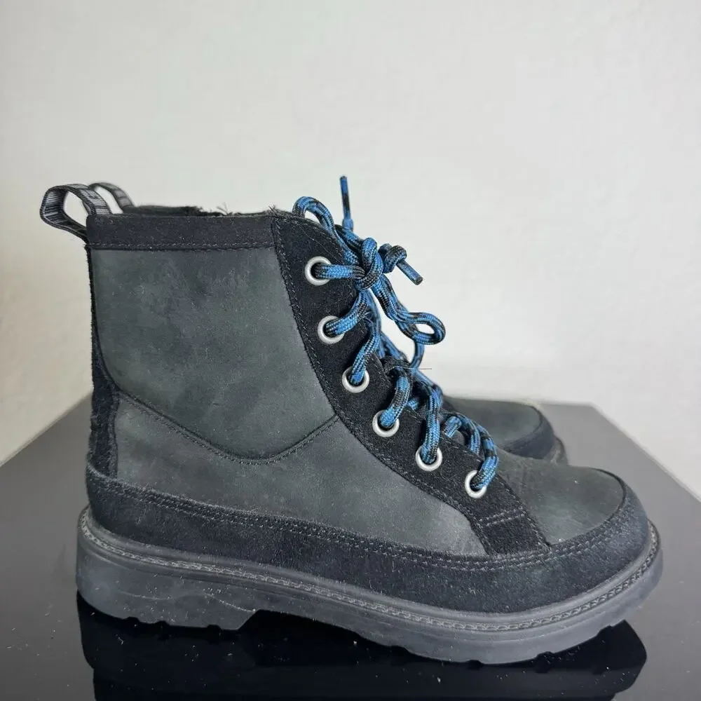 Ugg Robley Kids Waterproof Leather Boots Shoes 2 Black Blue Laces Zip Suede EUC